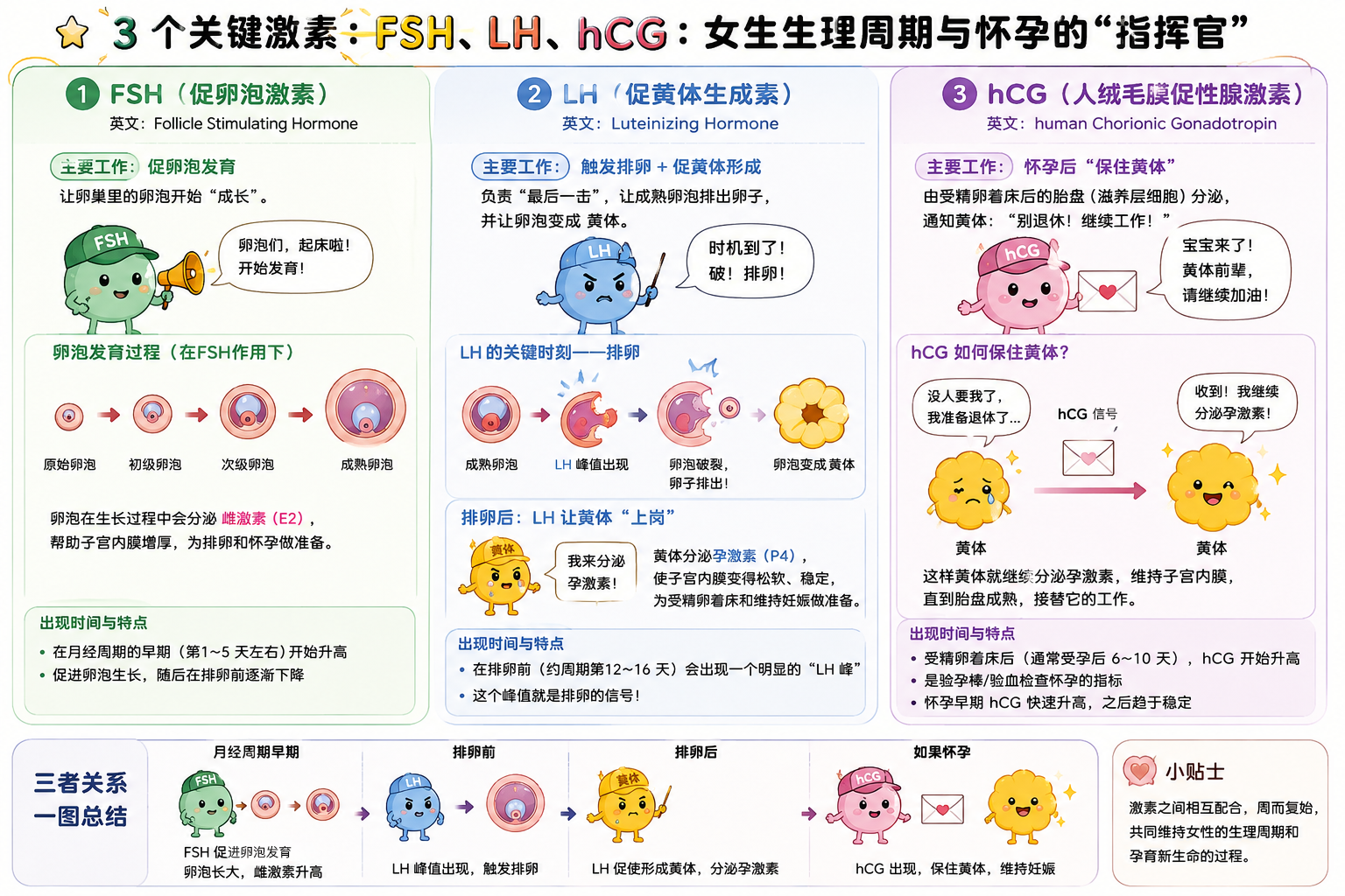 3个关键激素：FSH、LH、hCG：女生生理周期与怀孕的“指挥官”